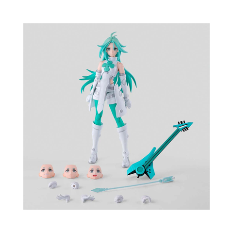 Anime action figure with turquoise hair, extra faces, hands, guitar, and accessory parts.