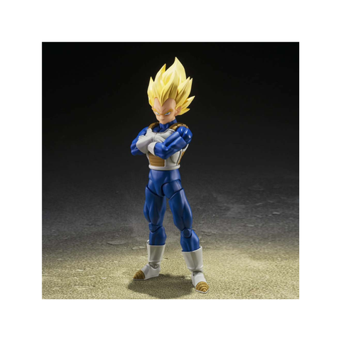 Anime action figure with spiky yellow hair and blue armor, arms crossed, collectible toy
