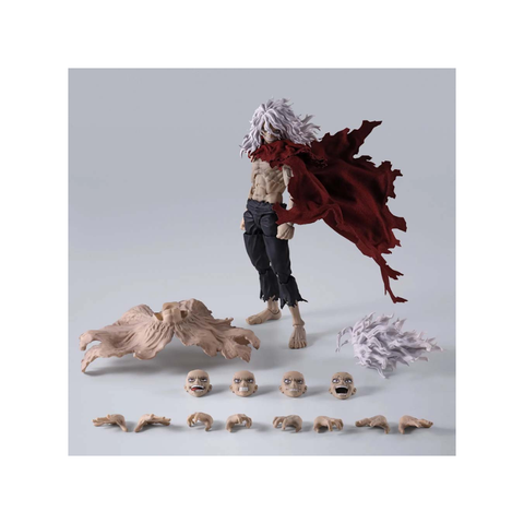 Anime action figure with white hair, red cape, multiple faces, hair, and hand accessories