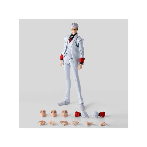 Anime action figure in white suit with multiple interchangeable hands and faces, collectible toy