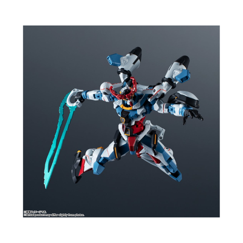 Articulated robot action figure with sword, colorful mechanical toy on dark background