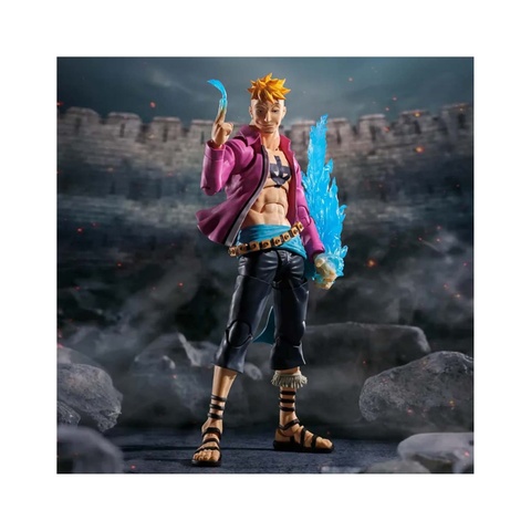 Anime action figure with orange hair, blue energy effect, wearing black pants and pink jacket