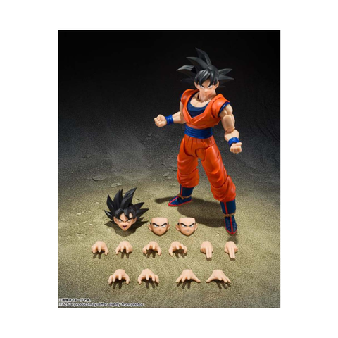 Anime action figure with orange outfit, extra hands and faces, collectible toy set