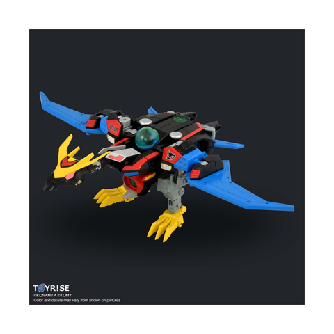 Colorful robotic bird toy with blue wings, yellow beak, and mechanical details