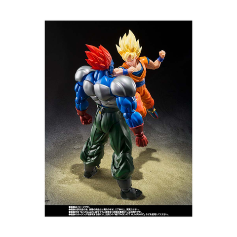 Anime action figures fighting, collectible toys on display, detailed Dragon Ball style design