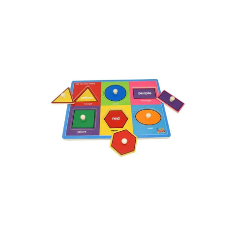 Colorful wooden shape and color matching puzzle toy with removable pieces for kids