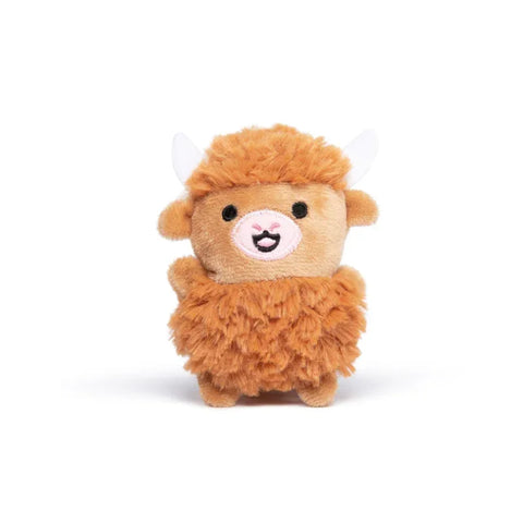 Cute brown plush highland cow toy with white horns and pink nose on white background