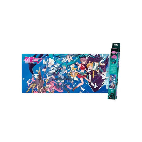 Colorful anime gaming desk mat featuring multiple vibrant characters on blue background, box included