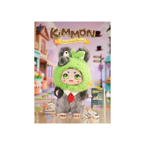 Cute collectible toy doll in green and grey animal costume with art supplies, Kimmon series