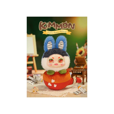 Cute plush toy with blue bunny ears, round face, and orange body on a colorful art-themed background