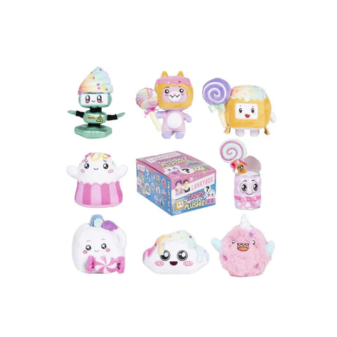 Assorted colorful LankyBox Candy Mystery plush toys and figures arranged around a themed box.