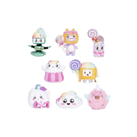 Assorted colorful kawaii plush toys and collectibles with cute faces on white background