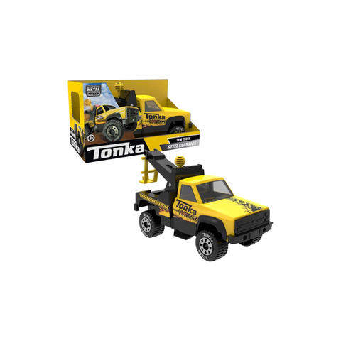 Yellow toy tow truck with black details and moving hook, displayed in original packaging.