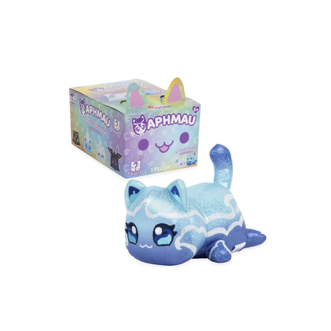 Aphmau blue glitter cat plush toy with matching colorful packaging, collectible toy
