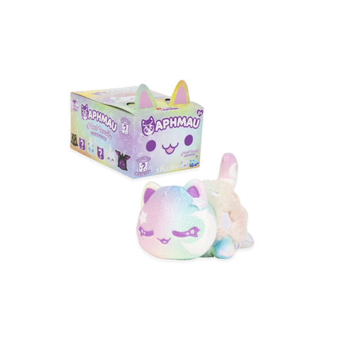 Aphmau pastel rainbow plush cat toy with colorful collectible box, kids toy
