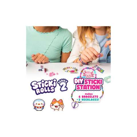 Kids making DIY Sticki Station bracelets and necklaces with Sticki Rolls Series 2 craft kit