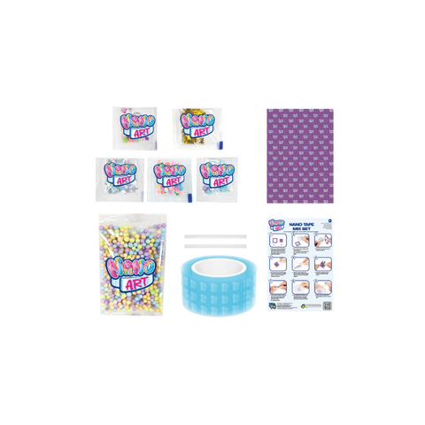 Nano Art craft kit with colored beads, blue tape, instructions, and decorative sheets