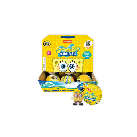 SpongeBob SquarePants collectible toy display box with yellow character surprise balls
