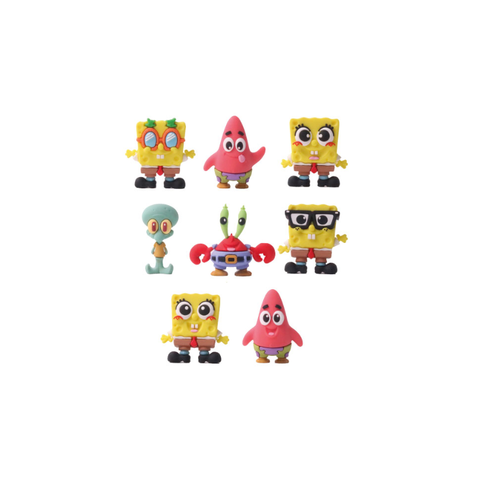 SpongeBob, Patrick, Squidward, and Mr. Krabs character toy figurines arranged on a white background