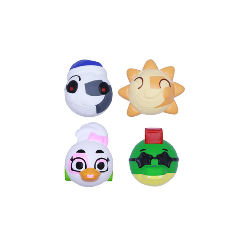 Set of four colorful, cartoon animal squishy toys with unique facial expressions on white background