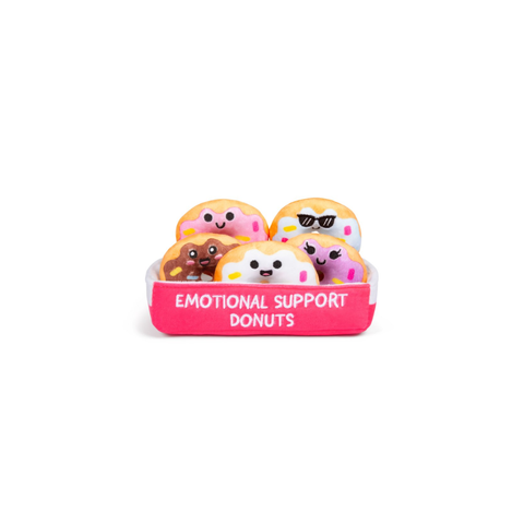 Plush toy set of cute donut characters in a pink tray labeled 'Emotional Support Donuts'