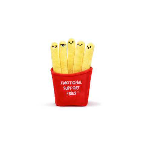 Plush fries toy in red pouch with smiling faces and 'Emotional Support Fries' text