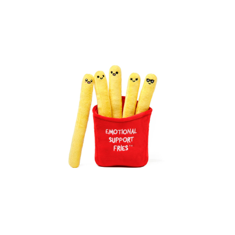 Plush toy set of smiling fries in red pouch labeled Emotional Support Fries