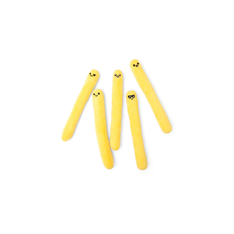 Five yellow plush toy sticks with cute embroidered faces on a white background