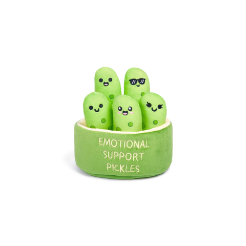 Plush toy set of five green pickles with cute faces in a bowl labeled 'Emotional Support Pickles'