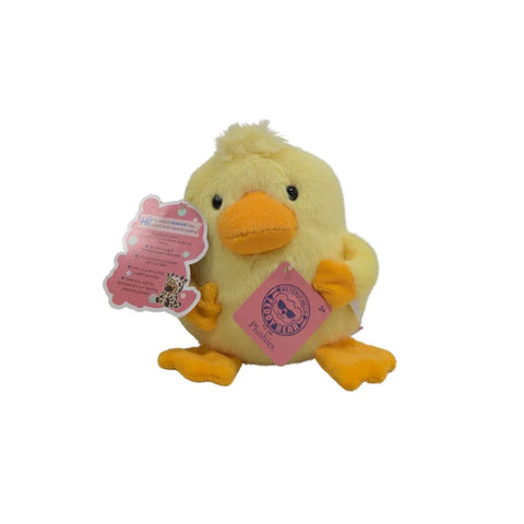 Yellow plush duck toy with orange beak and feet, holding pink product tags