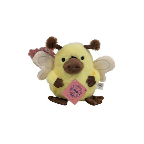 Yellow plush platypus toy with wings, brown beak and feet, soft stuffed animal