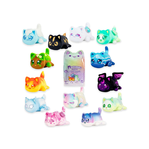 Colorful Aphmau MeeMeows plush cat toys collection arranged on white background