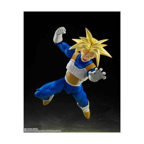 Anime action figure with blonde spiky hair, blue suit, white armor, dynamic pose