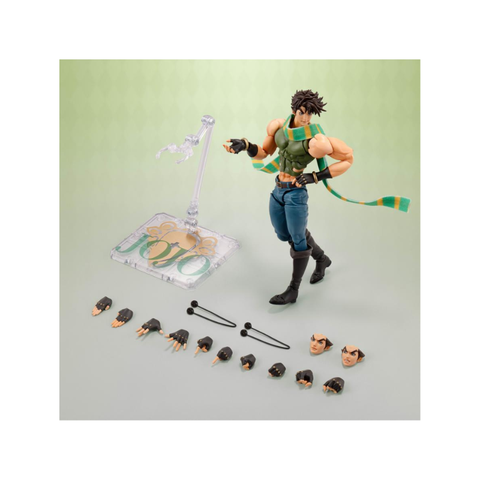 Anime action figure with green scarf and multiple interchangeable hands and faces, display stand.