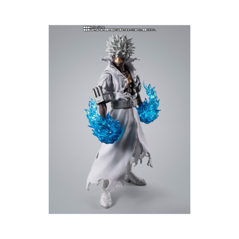 Anime action figure in white coat with spiky hair and blue flame effects on hands