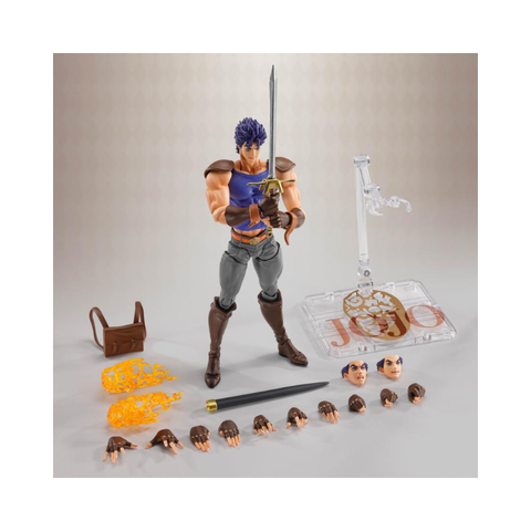 Anime action figure with blue hair, sword, multiple hands, faces, base stand, and accessories