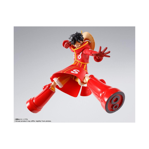 Anime action figure with black hair, straw hat, red and yellow costume, large boots
