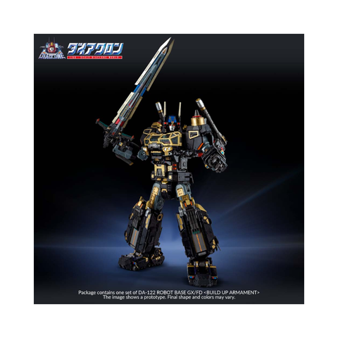 Detailed robot action figure holding sword, black and gold design, collectible toy model
