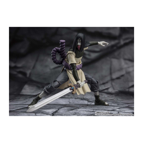 Anime action figure with long black hair, sword, and ninja outfit on stone background