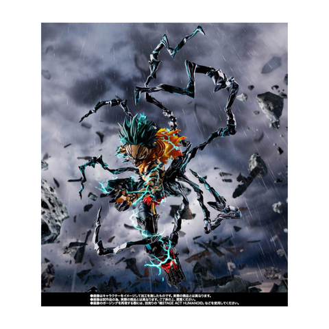 Anime action figure posed mid-air with electric effects and debris, collectible toy