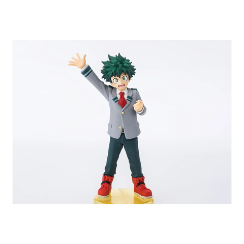 Anime action figure with green hair in school uniform and red shoes on display stand
