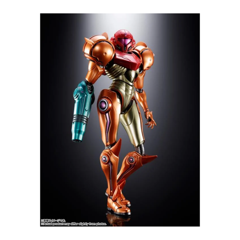 Action figure of armored sci-fi character with orange suit and arm cannon, collectible toy