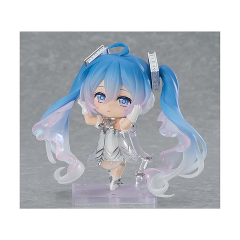 Cute anime-style collectible figure with blue twin tails and silver outfit on display stand