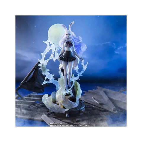 Anime bunny girl collectible figure with flowing hair, moon background, detailed fantasy base