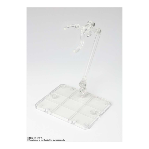 Clear adjustable action figure display stand for toys and collectibles on white background