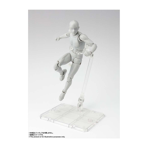 Poseable gray action figure on clear stand for toys and collectibles display
