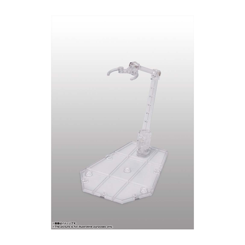 Clear adjustable action figure display stand with articulated arm on a hexagonal base