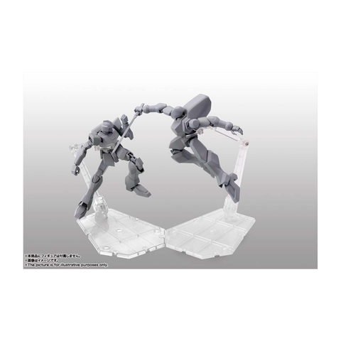 Two grey action figure model kits posed in dynamic combat positions on clear display stands