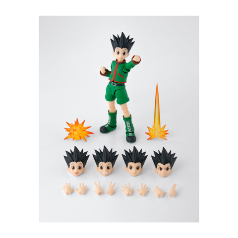 Anime action figure with green outfit, interchangeable heads, hands, and explosion effects