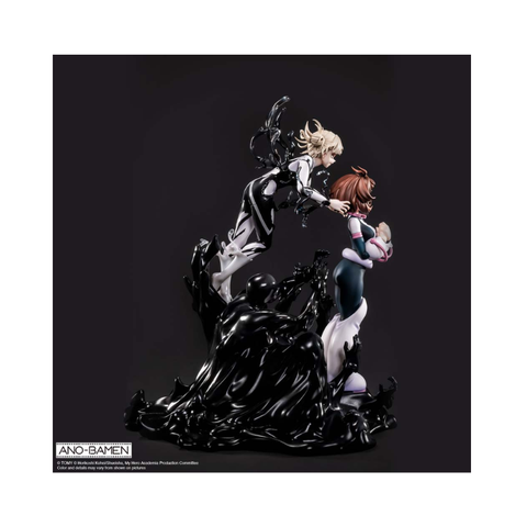Anime action figure diorama with two characters and black liquid effects on display.